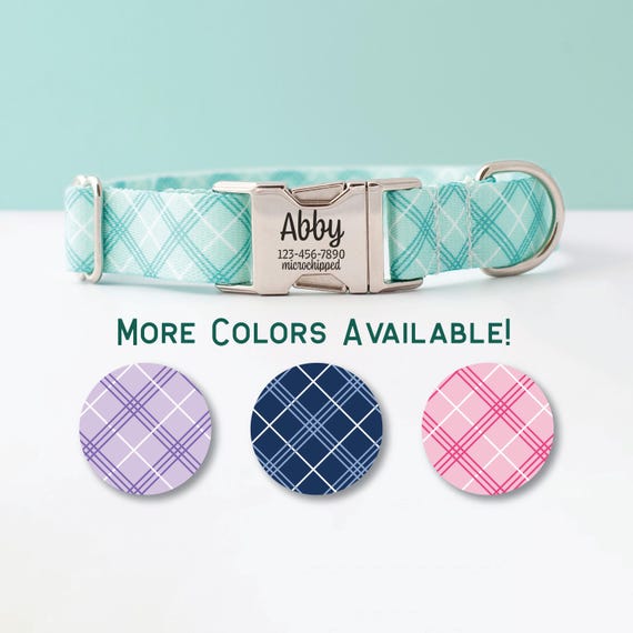 Personalized Dog Collar Pastel Plaid Laser Engraved Dog ID Buckle Collar With Name Mint Lavender Navy Pink Dog Collar Small Dog Puppy Collar