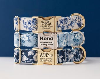 Blue Floral Dog Collar Personalized Chinoiserie Collar for Girls Engraved ID Tag Buckle Collar Toile Pretty Collar New Puppy Welcome Gift