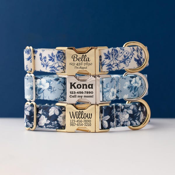Blue Floral Dog Collar Personalized Chinoiserie Collar for Girls Engraved ID Tag Buckle Collar Toile Pretty Collar New Puppy Welcome Gift