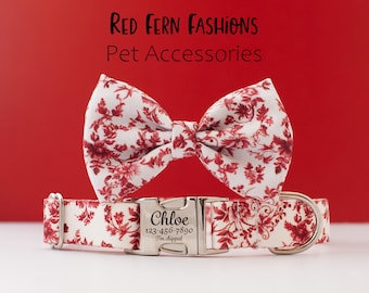 Red Toile Dog Collar and Bow Set with Engraved Buckle, Personalized ID Pet Collar, Coquette Floral Dog Accessory for Christmas