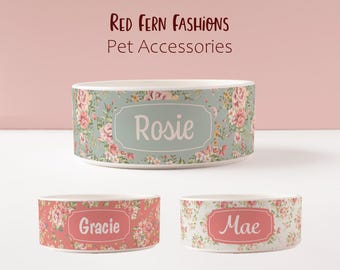 Roses Ceramic Dog Bowl Personalized– Custom Floral Pet Food or Water Dish with Name