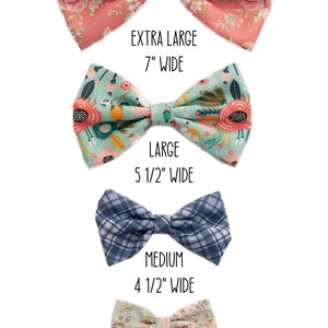 May include: Four bow ties in different sizes and patterns. The bow ties are arranged from largest to smallest. The largest bow tie is 7 inches wide and has a floral pattern in shades of pink and white. The next bow tie is 5 1/2 inches wide and has a floral pattern in shades of blue, green, and yellow. The third bow tie is 4 1/2 inches wide and has a plaid pattern in shades of blue and white. The smallest bow tie is 3 1/2 inches wide and has a floral pattern in shades of pink, green, and white.