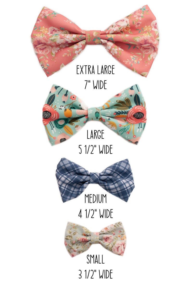 May include: Four bow ties in different sizes and patterns. The bow ties are arranged from largest to smallest. The largest bow tie is 7 inches wide and has a floral pattern in shades of pink and white. The next bow tie is 5 1/2 inches wide and has a floral pattern in shades of blue, green, and yellow. The third bow tie is 4 1/2 inches wide and has a plaid pattern in shades of blue and white. The smallest bow tie is 3 1/2 inches wide and has a floral pattern in shades of pink, green, and white.