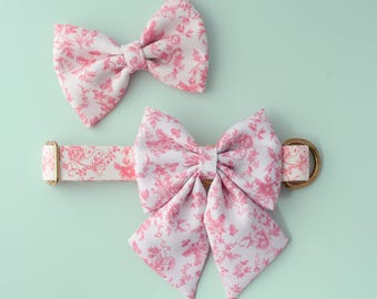 Pink Floral Dog Bow with or without Tails Coquette Toile Bowtie Pretty Pet Portrait Accessory Valentine's Day Sailor Bow for Girl Dogs