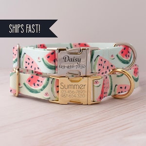 May include: Two personalized dog collars with a watermelon print. The top collar is light blue with a silver buckle and the bottom collar is cream with a gold buckle. The collars are engraved with the names "Daisy" and "Summer" and phone numbers.