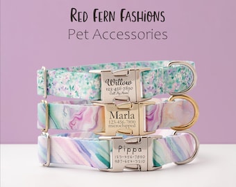 Pastel Watercolor Dog Collar with Personalized ID Buckle; Lavender, Pink, and Light Green Spring Pet Collar