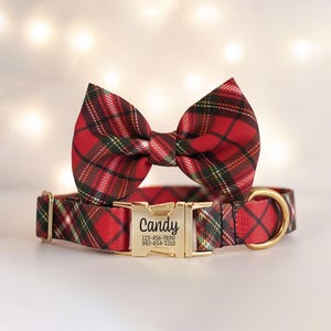 Personalized Christmas Dog Collar and Bow Tie for Boy or Girl Dogs Red Plaid Collar Engraved Buckle Family Portrait Prop Dog Photo Accessory