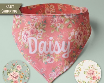 Personalized Dog Bandana Floral Rose Bandana with Name Custom Pet Scarf for Girls Elastic Bandana Pink Apparel Dog Clothing Accessory Spring