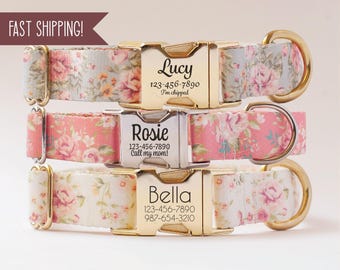 Personalized Dog Collar Rose Floral Print Pet Collar for Girls Engraved ID Tag Buckle Collar Pretty Pink Flower Collar Spring Puppy Collar