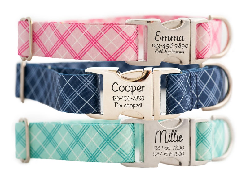 Personalized Diagonal Plaid Dog Collar in Pink Navy or Mint Etsy