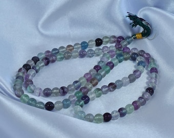 Himalayan Fluorite Mala Beads: Hand-Carved 108 Meditation Prayer Beads, 15"
