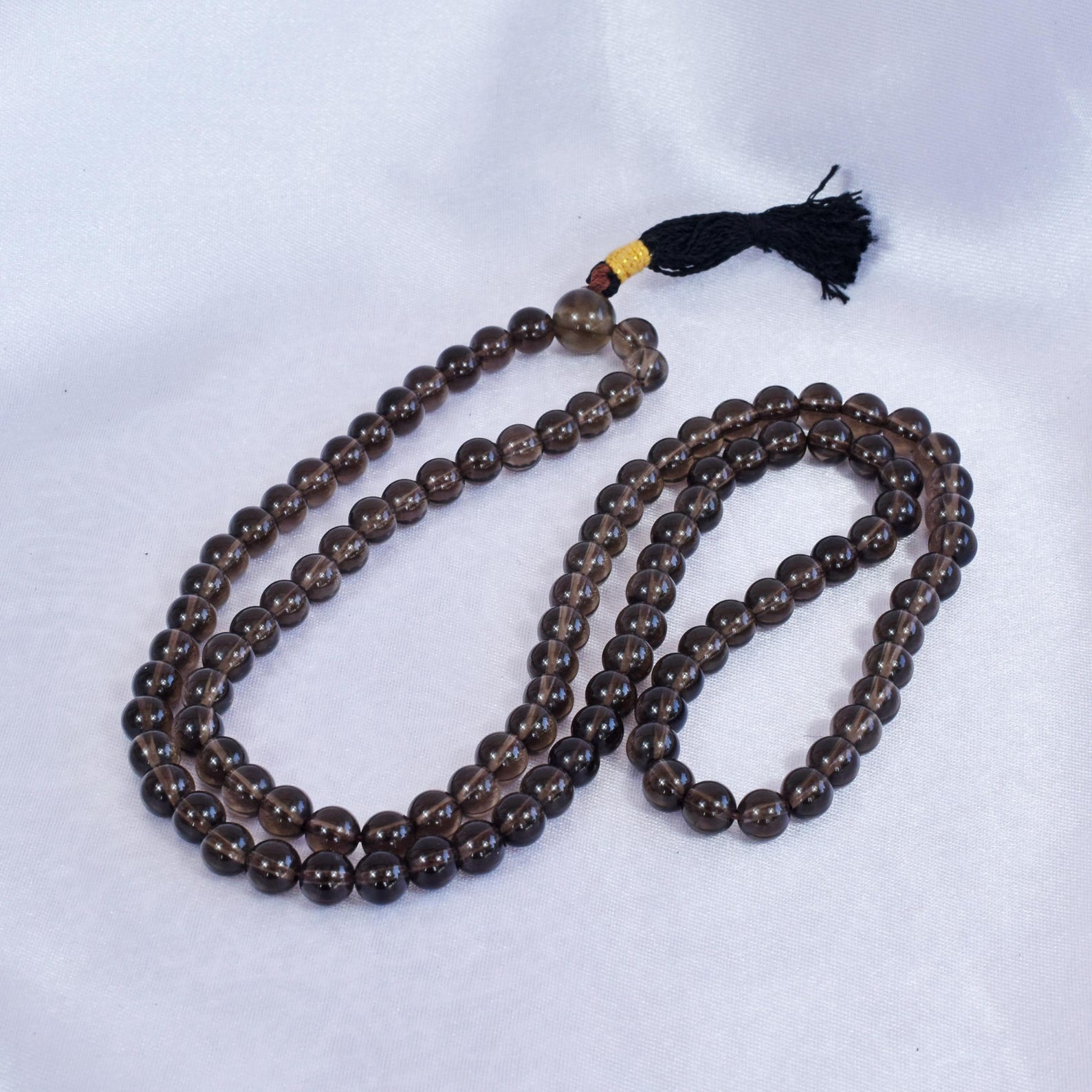 Himalayan Smoky Quartz Mala: Hand-Carved 108 Prayer Beads for Protection
