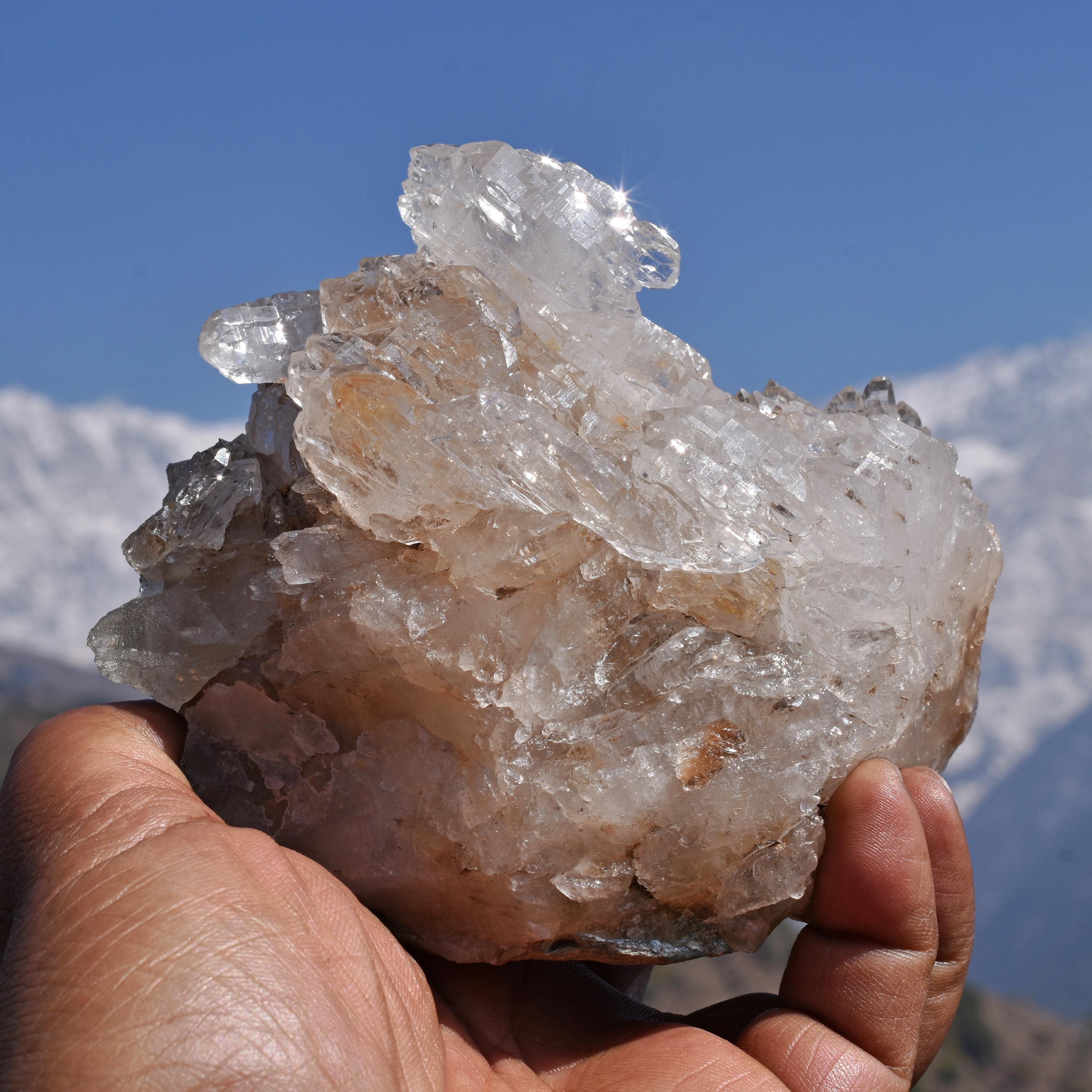 GWINDEL QUARTZ Cluster, Clear Sparkling Himalayan Lemurian Seed Abundance Nirvana Fire & Ice Elestial Crystal from Spiti - Himachal Pradesh.