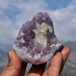 Elestial CALCITE Crystal Cluster on AMETHYST QUARTZ Matrix in Geode section. Himalayan Lemurian Violet Ice From North India. Blessed Healer.