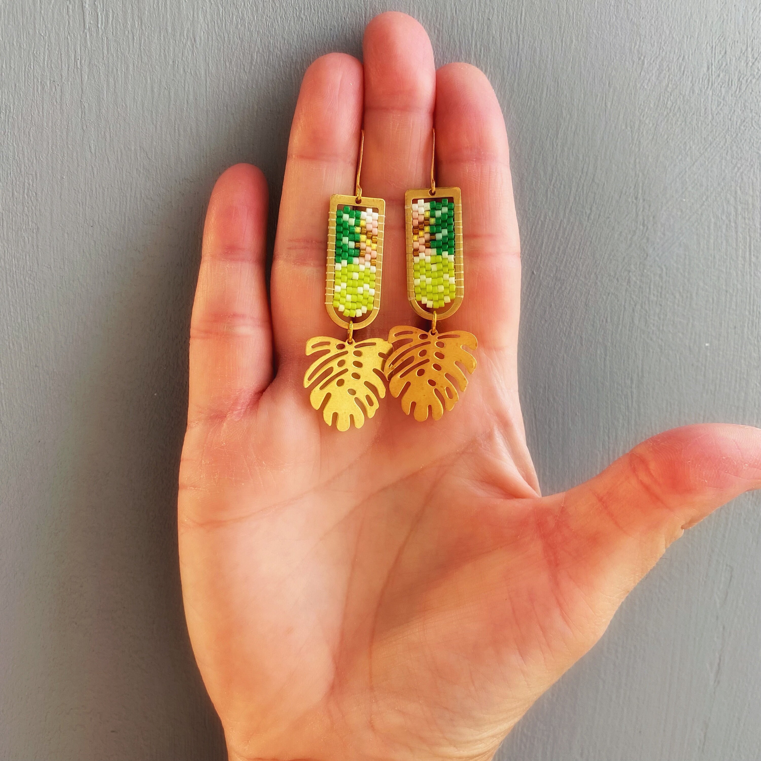 Jungle beaded earrings monstera brass earrings oval Etsy