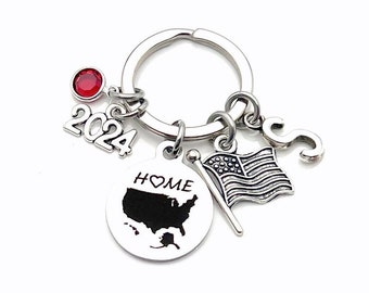 2024 Gift for New USA Citizen Keychain / Red, White and Blue US Flag Key Chain / Patriotic Home Map / American Citizenship Immigrant Present