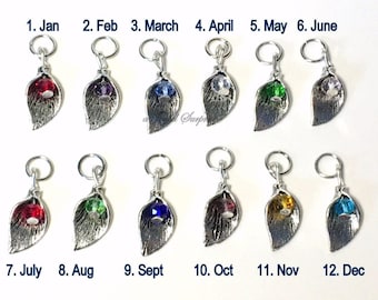 Leaf Birthstone Charm, Silver Plated Crystal Pendant, January February March April May June July August September October December add on