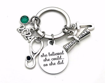 Personalized Nursing Graduation Gift Keychain, 2024 She believed she could so she did can Key Chain Canadian Seller Stethoscope birthstone