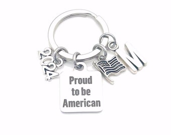 Gift for New Citizen, Proud to be American KeyChain, 2024 Key Chain USA Keyring Present silver Patriotic initial Flag her him men 2025