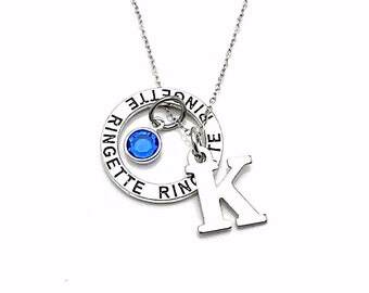 Ringette Necklace, 16" Teenage Girl's Jewellery, Gift for Teammate Player, Silver Charm, letter initial Canadian seller PEI Personalized