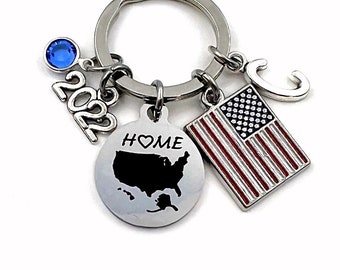 2022 Gift for New USA Citizen Keychain / Red, White and Blue US Flag Key Chain / Patriotic Home Map / American Citizenship Immigrant Present