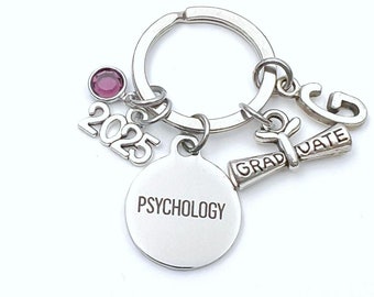 Graduation Gift for Psychology Keychain, 2025 Psychologist Psych Major Key Chain, Initial Birthstone Grad Present Keyring women her