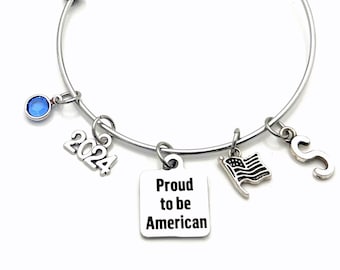 New Citizenship Gifts / US Citizen Jewelry / 2024 Proud to be American Bracelet / USA Present for Refugee / Home America Flag Immigration