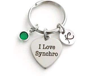 Synchro Key chain, I Love Synchro KeyChain, Gift for Synchronized Swimmer, Swimming Keyring ring Birthstone Initial Personalized team coach