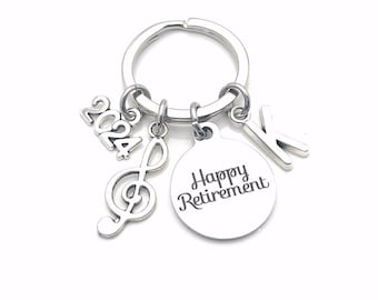 Retirement Gift for Music Teacher Keychain, 2024 Musician Key chain, Band Keyring Retire Initial letter present men women treble note him