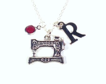 Sewing Machine Necklace, Gift for Seamstress Jewelry, Home Economics Student, Sew Charm, Birthday Present, Singer with initial birthstone