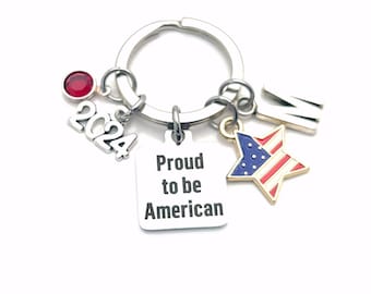 2024 Patriotic Gifts for New Citizenship Keychain, USA Citizen Key chain / Proud American Red, White, Blue US Flag Keyring, Military Present