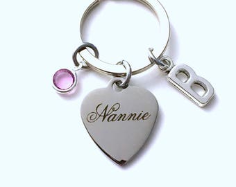 Gift for Nannie Keychain, Grandmother Key Chain, Mimi, Grammie, Nanny Keyring Present New Birthstone Initial Personalized Custom women