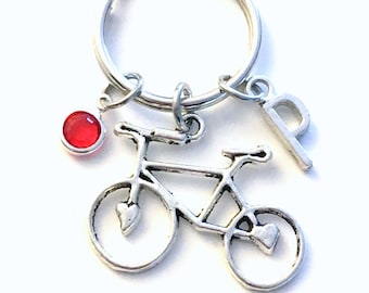 Personalized Bike KeyChain, Bicycle Key Chain, Silver Bike Keyring, Triathlon Gift for Bicyclist Initial Birthstone Letter Women Her cyclist