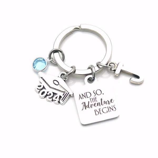 2024 Graduation Gift for Her Keychain / And so the adventure begins Key Chain / Grad Keyring Present / Graduate Son, Daughter, Girlfriend