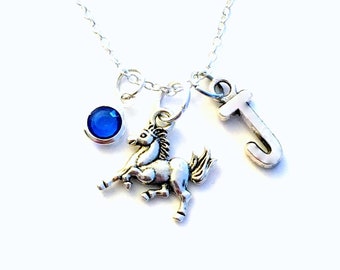 Horse Necklace, Horse Jewelry, Teenage Daughter Girl Gift Granddaughter Running Equestrian rider charm Initial Birthstone present sterling