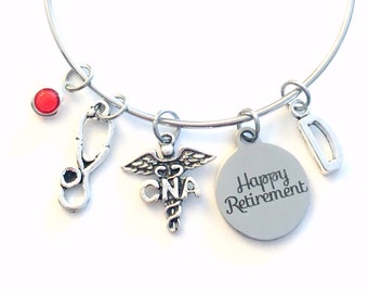 Retirement Gift for CNA Bracelet Jewelry, Certified Nursing Assistant Charm Bangle, Silver Medical Caduceus Stethoscope birthstone initial