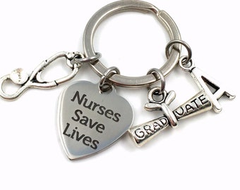 Graduation Gift for Nurse Keychain / 2024 Nurses save lives Keyring / Nursing Key Chain /RN Present / her women Men Stethoscope charm him