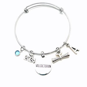 2024 Gift for Valedictorian Jewelry, Graduation Bracelet, Grad Jewelry, Graduate Charm Bangle, Personalized Present Her Scroll High School