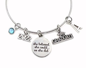 Graduation Bracelet Gift 2022 / She believed she could so she did University Grad Jewelry / College Graduate Student Present / Silver Bangle