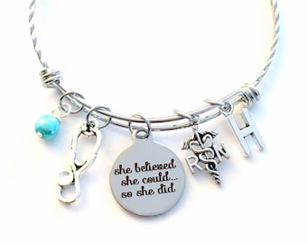 RN Charm Bracelet, She believed she could so she did Jewelry, Stainless Steel Charm Bangle, Grad Gift for retirement Graduation twisted her