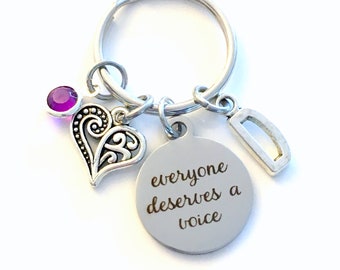 Everyone deserves a voice Keychain, Gift for Speech Therapist Key Chain, Initial Birthstone Present Heart Jewelry therapy Retirement women