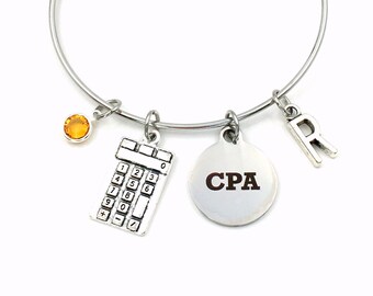 Gift for CPA Jewelry, CPA Present for Her, Chartered Accountant Charm Bracelet Bangle, Accounting School Student, Silver calculator women