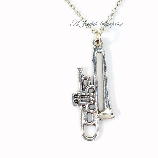 Collier trombone, cadeau d'instrument pour musicien, breloque, bijoux jazz en laiton argenté, pendentif en étain, groupe d'école, musicien, geek