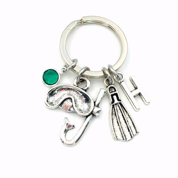 Scuba Diving KeyChain Snorkeling Keyring Diver Key Chain Instructor Gift Personalized Initial Birthstone birthday present Christmas Gift fin