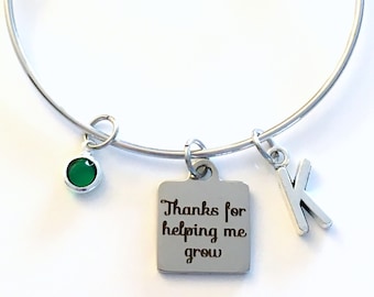 Daycare Provider Gift for Teacher Bracelet Thank you for helping me grow Jewelry Silver Charm Bangle Nanny gift Au Pair initial Day Care