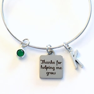 Daycare Provider Gift, Teacher Bracelet, Thank you for helping me grow Jewelry, Nanny Charm Bangle, Au Pair Present, Day Care Appreciation