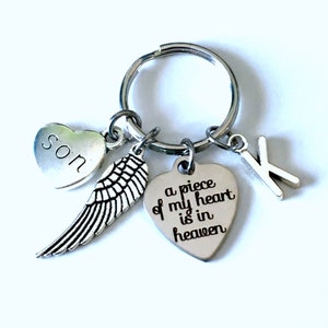 Memorial Key Chain with Wing, A piece of my heart is in Heaven Sympathy Gift Keychain, Loss of Mom Dad Son Daughter Husband Wife brother image 1