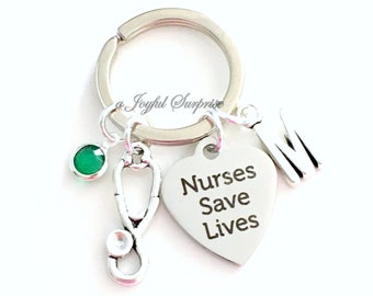 Gift for Nurse Keychain Keyring, Nurses Save Lives Key Chain, initial birthstone ICU Medical surgical operating Emergency room travel RN LPN