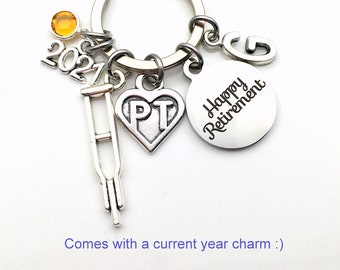 Retirement Gift for PT Keychain, 2022 Physical Therapist Key Chain, Therapy Keyring, Crutches Crutch for her men letter initial him women