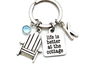 Life is better at the Cottage KeyChain, Cottage Key Chain, Gift for Dad, Mom, Grandfather, Cabin Keyring, Silver Initial present women Mimi